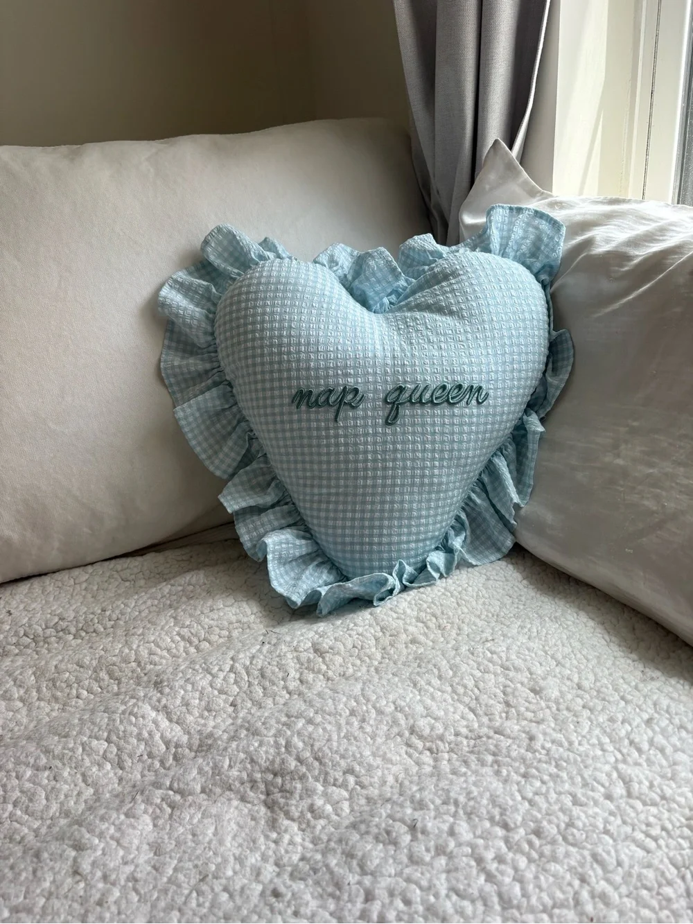 Nap Queen Light Blue Heart Throw Pillow with Ruffle Trim